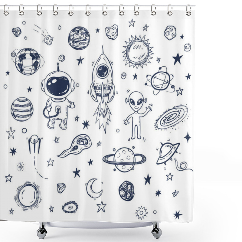 Personality  Doodle Space Travel Set With Rocket, Astronaut, Alien, Planets, Stars Shower Curtains