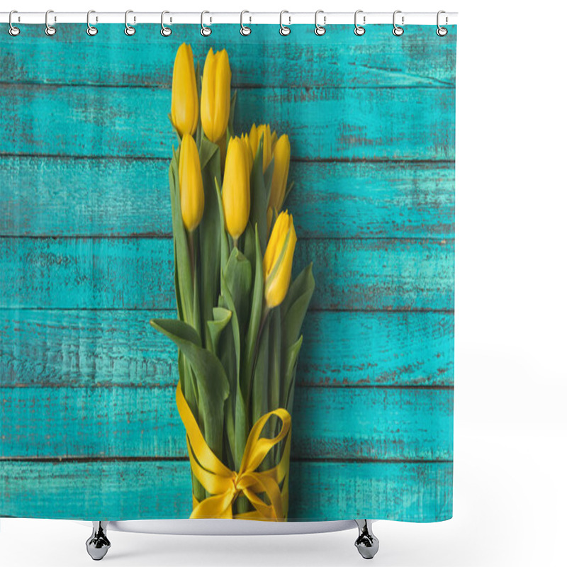 Personality  Top View Of Beautiful Yellow Tulip Flowers With Ribbon On Turquoise Wooden Surface  Shower Curtains