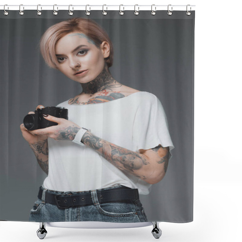 Personality  Beautiful Young Tattooed Woman Holding Camera And Looking At Camera Isolated On Grey Shower Curtains