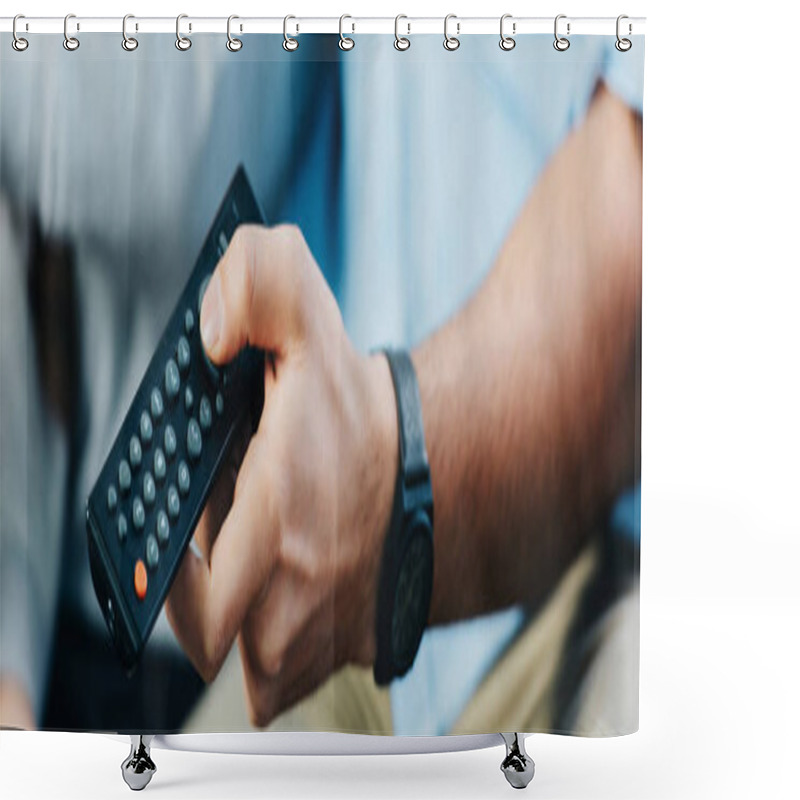 Personality  Cropped View Of Man Holding Remote Control In Hand  Shower Curtains