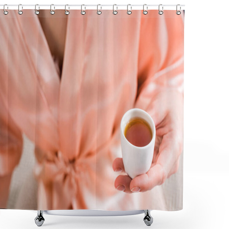 Personality  Cropped Shot Of Woman In Silk Bathrobe With Cup Of Hot Tea In Hand Shower Curtains