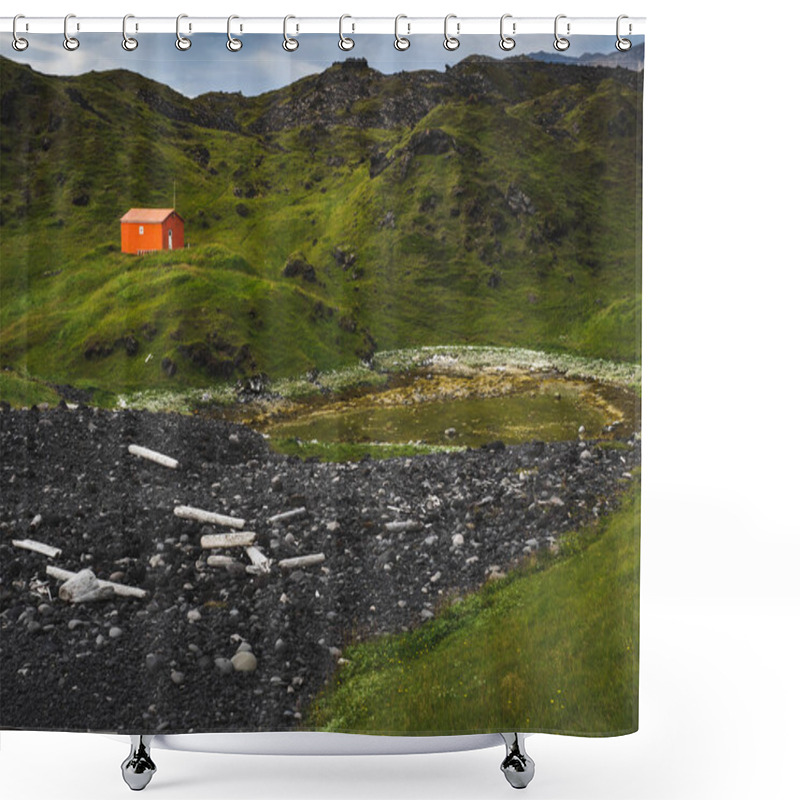 Personality  Northern Landscape With Lone Red House In Green Mountains, Iceland Shower Curtains