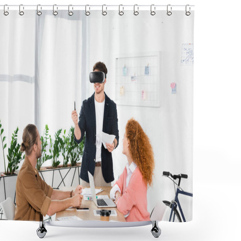 Personality  Smiling Businessman With Virtual Reality Headset Holding Pen And Papers And Friends Looking At Him  Shower Curtains