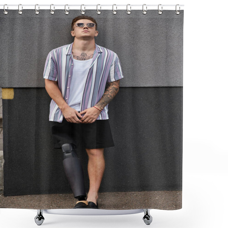 Personality  Young Man With A Prosthetic Leg Stands Against A Wall, Showcasing His Style And Confidence. Shower Curtains