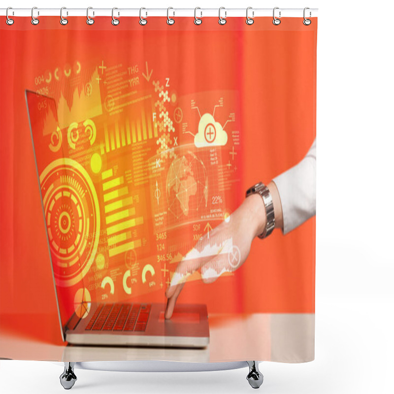 Personality  Modern Notebook Computer With Future Technology Symbols Shower Curtains