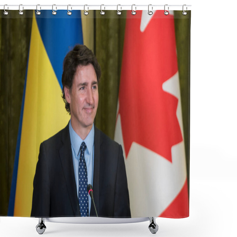 Personality  Prime Minister Of Canada Justin Trudeau Is Holding A News Conference During Visiting Kyiv, Ukraine On June 10, 2023, Amid Russias Attack On Ukraine. High Quality Photo Shower Curtains