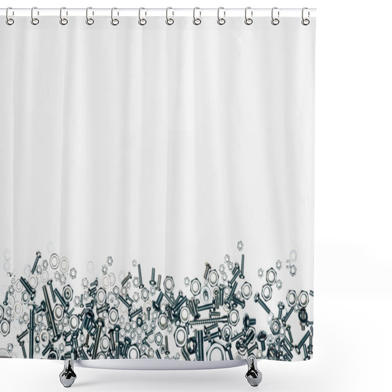 Personality  Top View Of Arranged Various Metal Engineering Details With Blank Space Isolated On White Shower Curtains