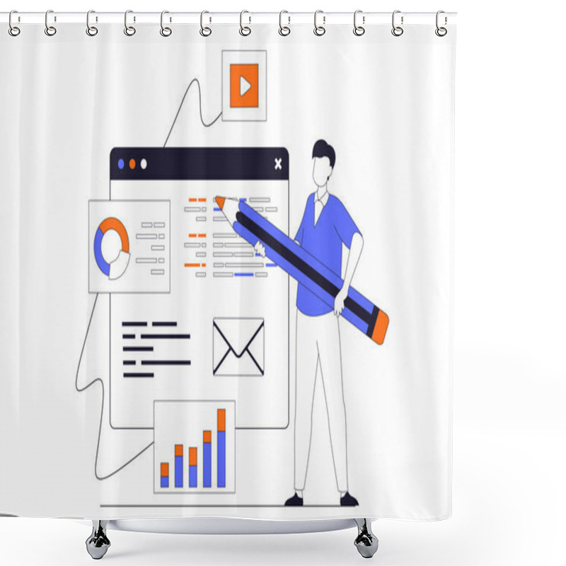 Personality  App Development Concept With People Scene In Flat Outline Design. Man Designing Mobile Application Interface And Working With Content Screen. Illustration With Line Character Situation For Web Shower Curtains