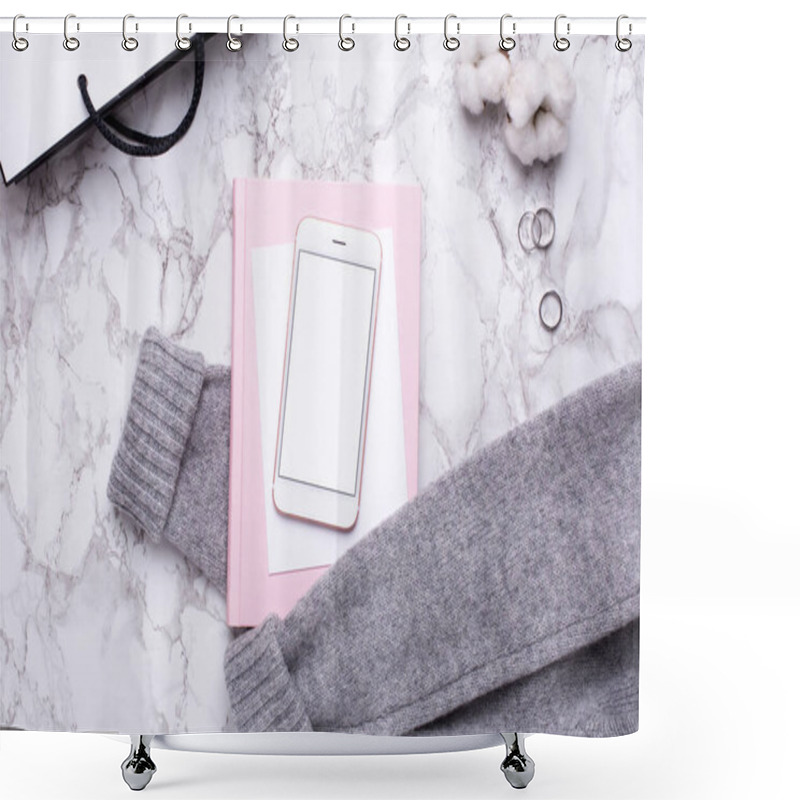 Personality  Women Business Day With Mobile Phone And Pink Notebook On Marble Table Top View Shower Curtains