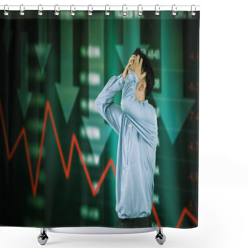 Personality  Stressed Businessman Reacting To Stock Market Crash With Red Declining Graph In Background Shower Curtains