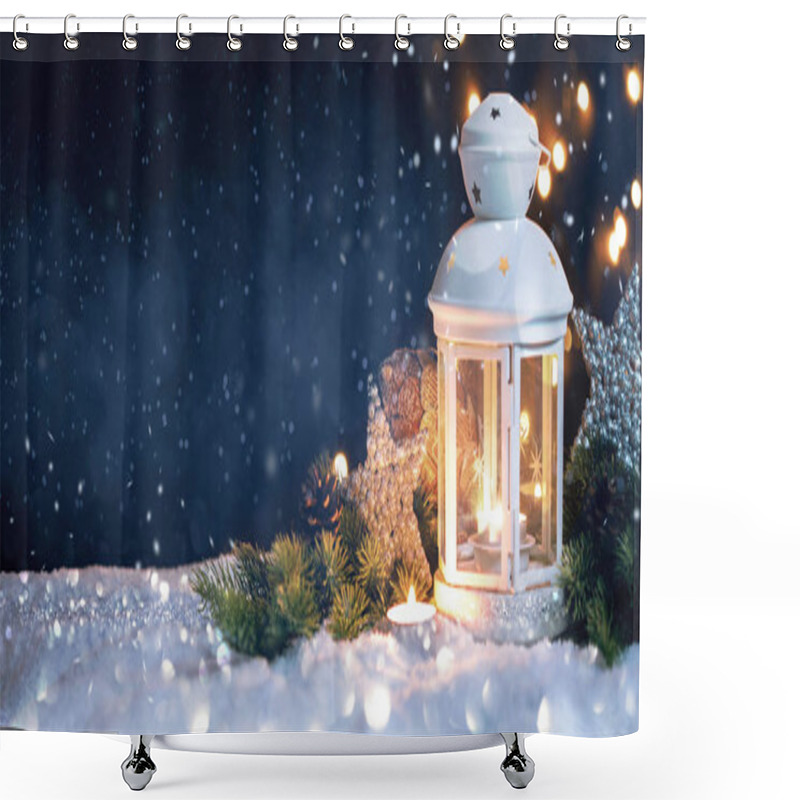 Personality  Christmas Lantern On Snow With Decorations. New Years Card Shower Curtains