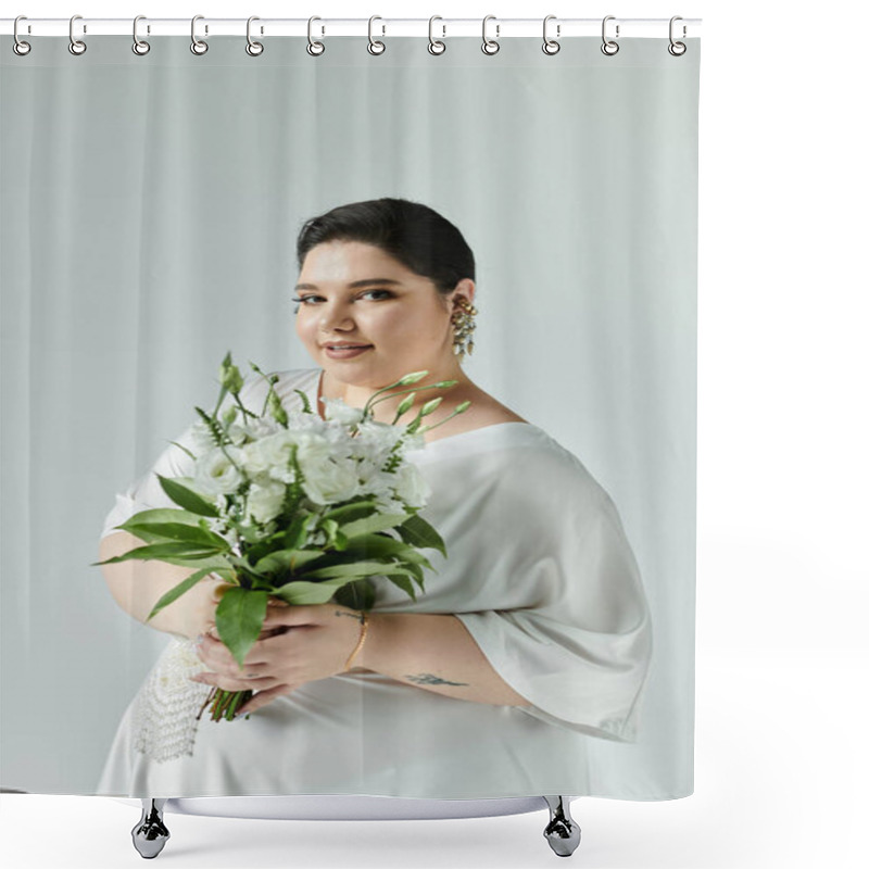 Personality  A Stunning Plus Size Bride Holds A Bouquet Of Fresh Flowers, Embodying Grace In A White Gown. Shower Curtains