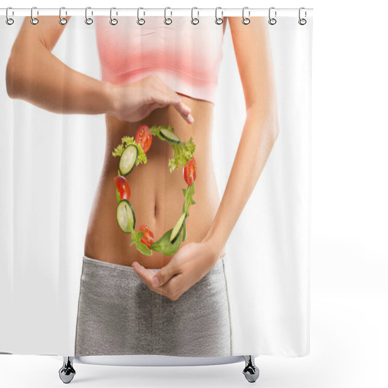 Personality  Fit, Young Woman Holding A Circle Made Out Of Vegetables Over Her Abdomen Shower Curtains