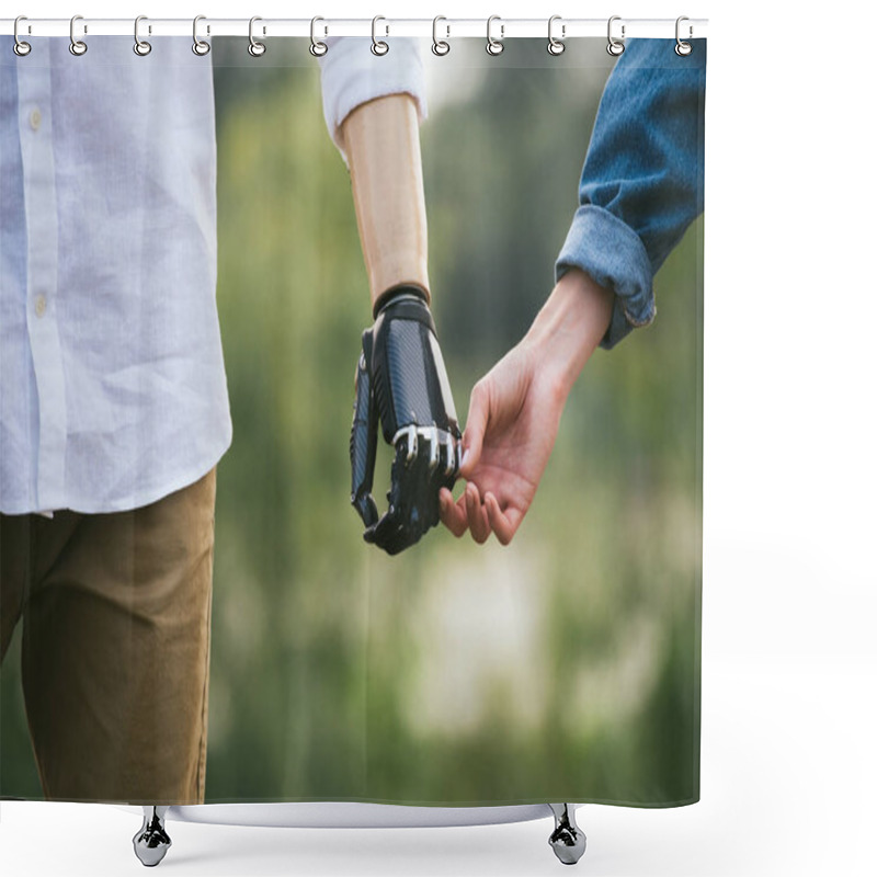 Personality  CloseUp Shot Of Man With A Prosthetic Limb Holding Hands With Female Partner Shower Curtains