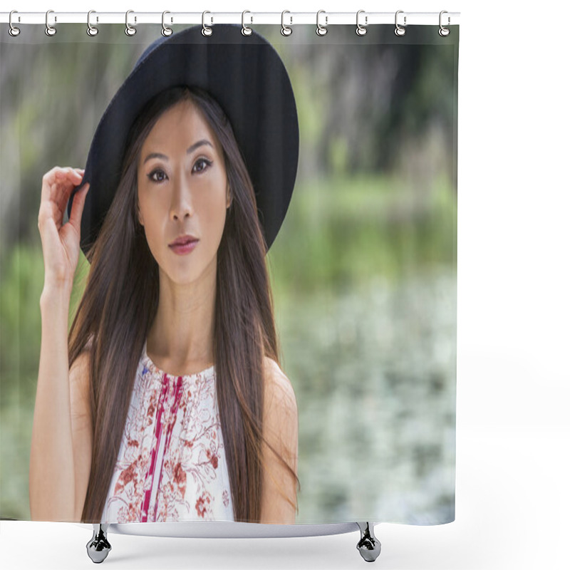 Personality  Thoughtful Chinese Asian Young Woman Girl Wearing Black Hat Shower Curtains