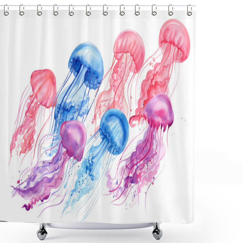 Personality  Jellyfish Are Swimming. Composition With Jellyfish On A White Background Isolated. Watercolor Illustration Shower Curtains