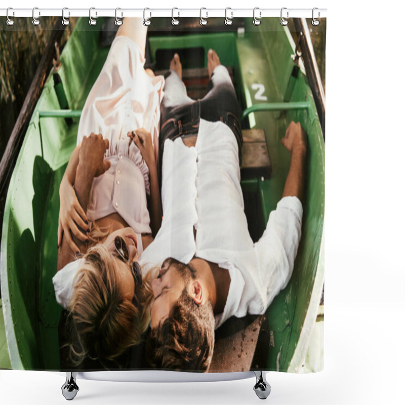 Personality  Overhead View Of Young Couple Looking At Each Other While Lying In Boat Shower Curtains