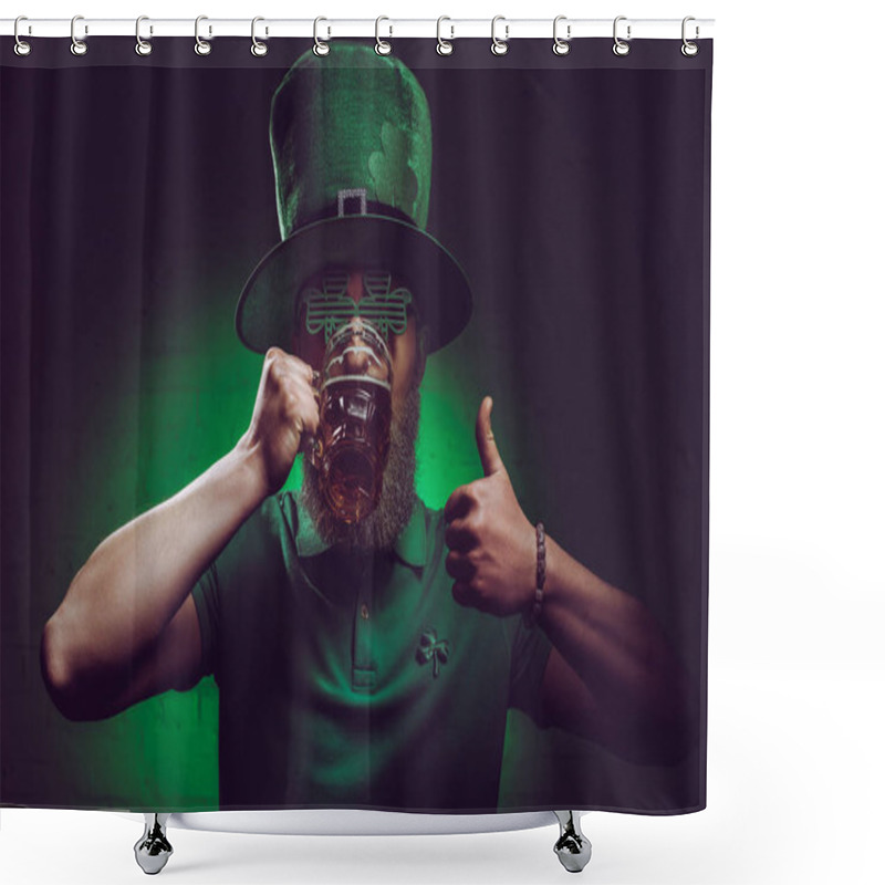 Personality  Bearded Man In Green Irish Hat Drinking Beer And Showing Thumb Up Shower Curtains