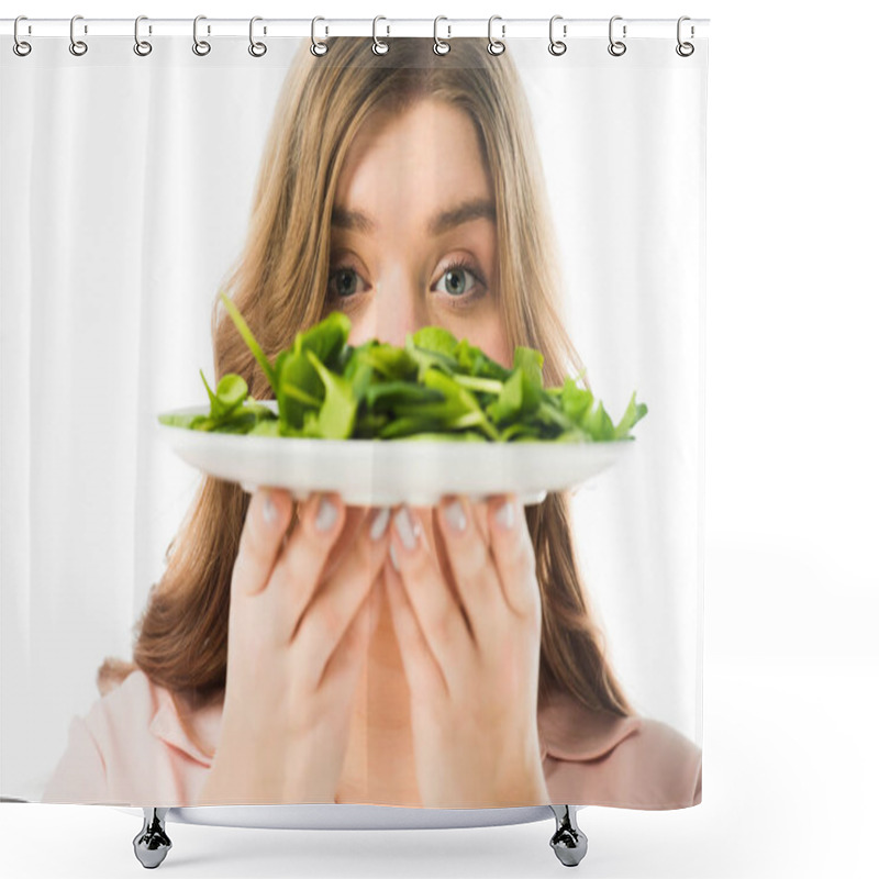 Personality  Selective Focus Of Woman Holding Plate With Green Spinach Leaves Isolated On White Shower Curtains