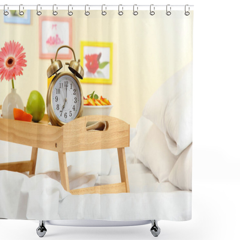 Personality  Wooden Tray With Light Breakfast On Bed Shower Curtains