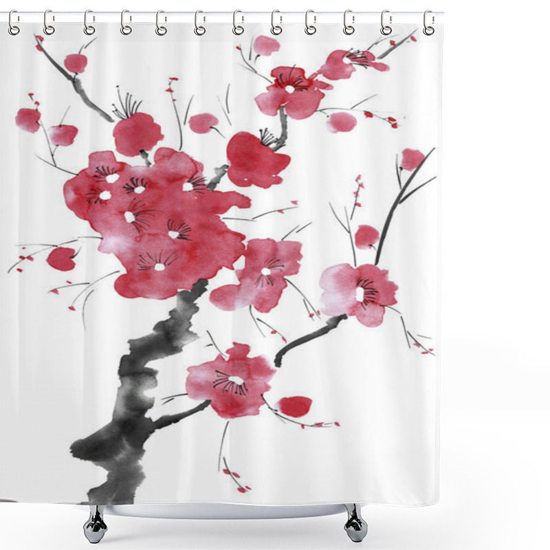 Personality  A Branch Of A Blossoming Tree. Pink And Red Stylized Flowers Of Plum Mei, Wild Apricots And Sakura . Watercolor And Ink Illustration In Style Sumi-e, U-sin. Oriental Traditional Painting.   Shower Curtains