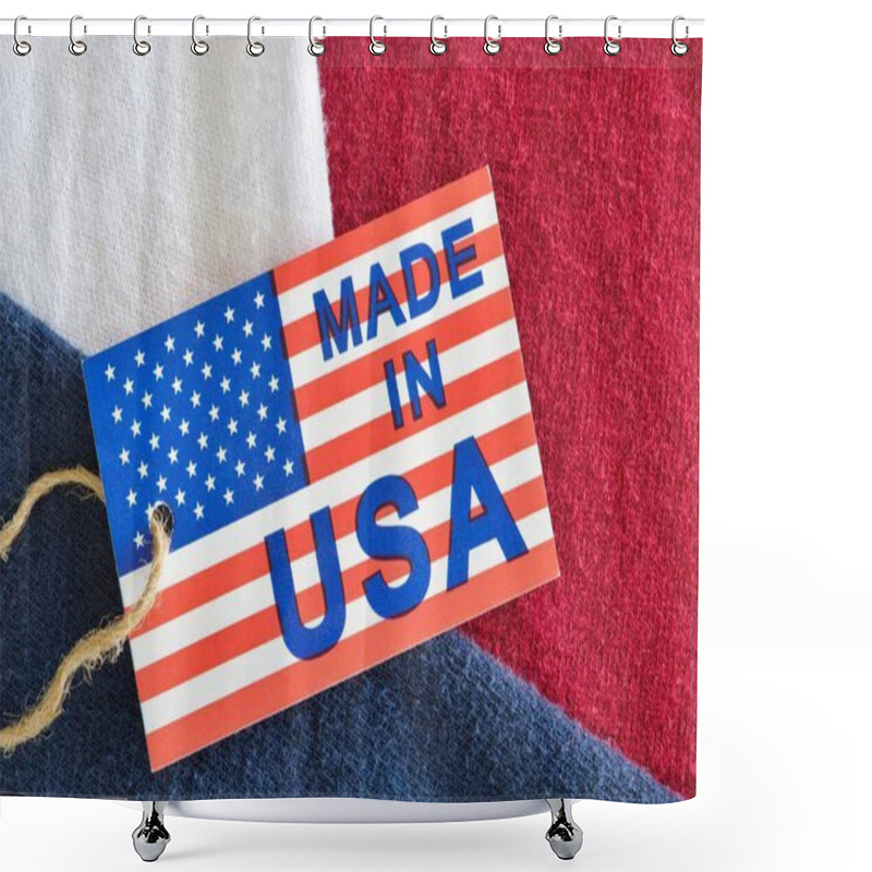 Personality  Made In USA Label Sitting On Top Of Red, White And Blue Clothing Shirts As A Business Economics Concept. Flat Lay Macro Image With Patriotic Background Details. Shower Curtains