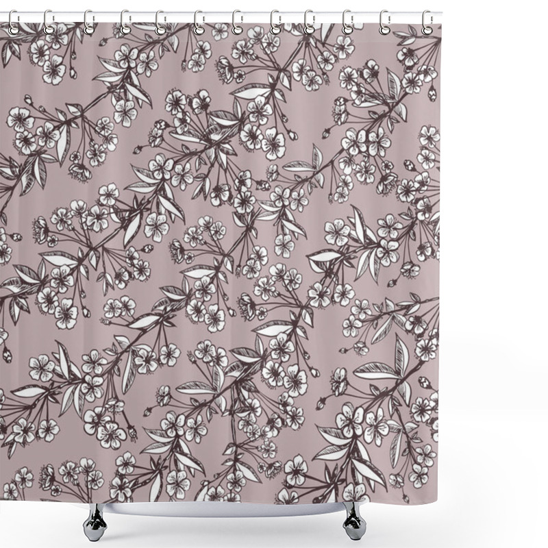 Personality  Elegant Vector Seamless Pattern With Cherry Flowers. Nice Powdery Tone. The May Cherry. Shower Curtains