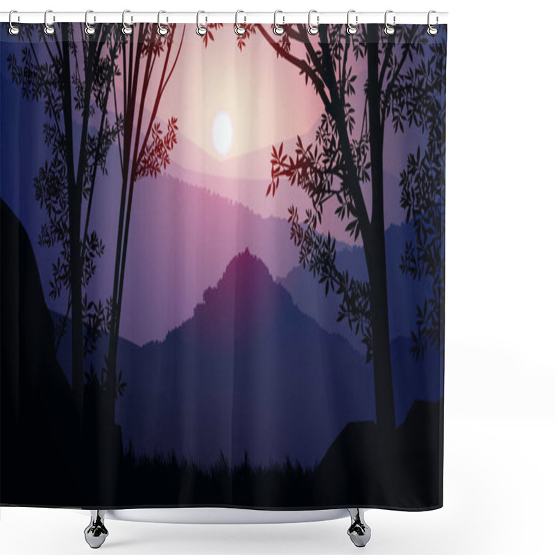 Personality  Natural Forest Mountains Horizon Hills Silhouettes Of Trees. Evening Sunrise And Sunset. Landscape Wallpaper. Illustration Vector Style. Colorful View Background. Shower Curtains