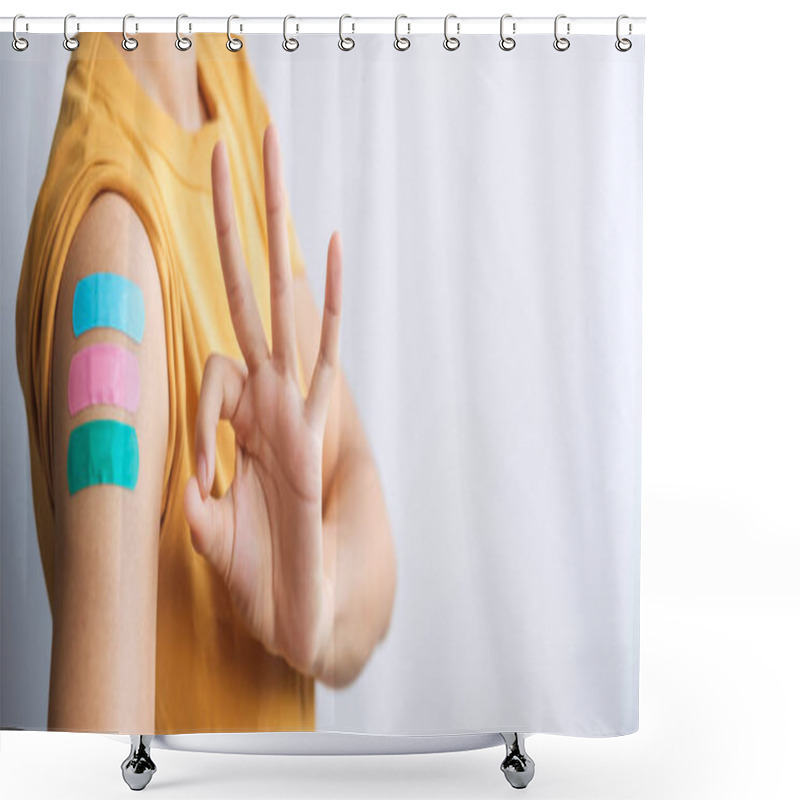 Personality  Woman Showing Thumb Sign With Bandage After Receiving Covid 19 Vaccine. Vaccination, Herd Immunity, Side Effect, Booster Dose, Vaccine Passport And Coronavirus Pandemic Shower Curtains