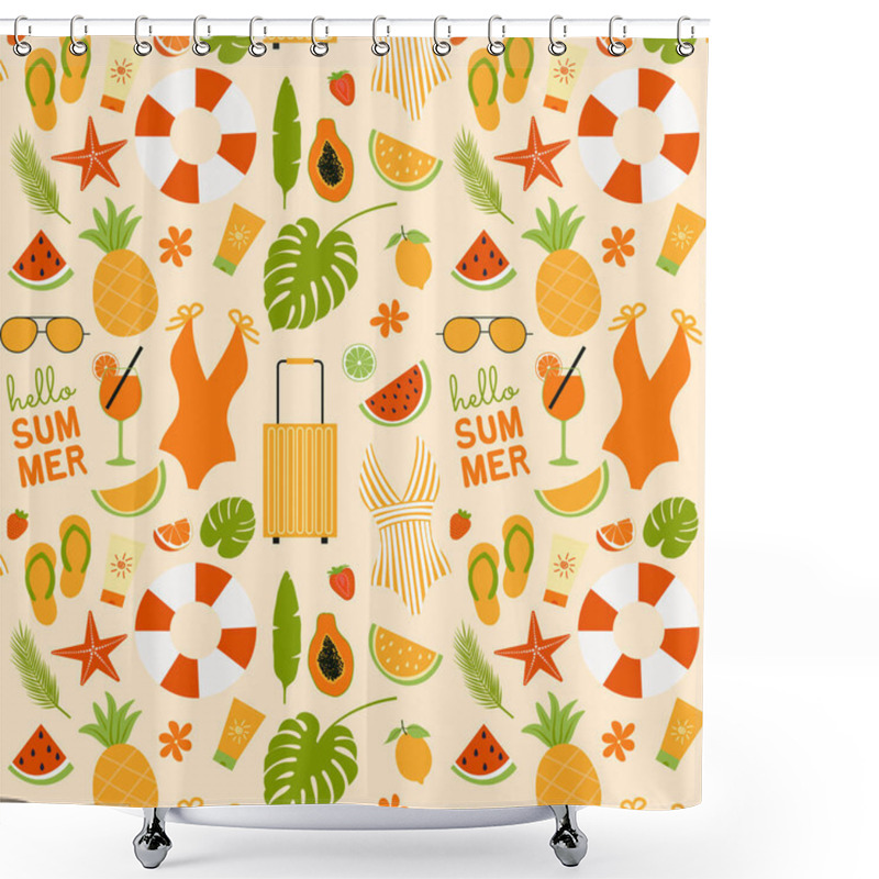 Personality  Seamless Pattern With Summer Elements Swimsuits, Sunglasses, Fruits, Flip-flops, Spf, Tropical Leaves. Vector Illustration Shower Curtains