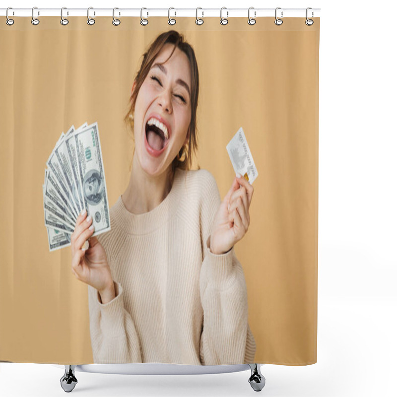 Personality  Beautiful Young Woman Wearing Sweater Standing Shower Curtains