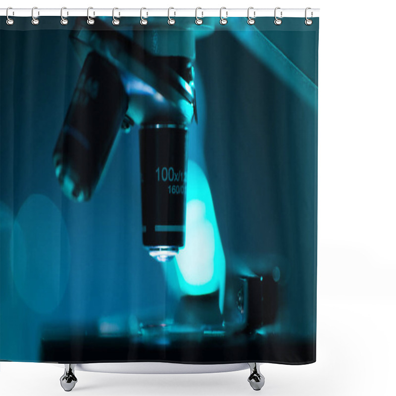 Personality  Close-up Of Scientific Microscope. Laboratory In Hospital. Epidemic Disease, Healthcare, Vaccine Research And Coronavirus Covid-19 Test Concept. Shower Curtains