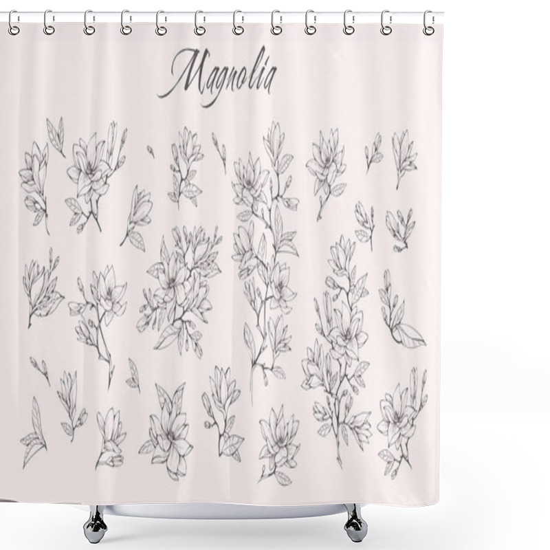 Personality  Magnolia Flower Logo And Branch Set. Hand Drawn Line Wedding Herb, Elegant Leaves For Invitation Save The Date Card. Botanical Rustic Shower Curtains