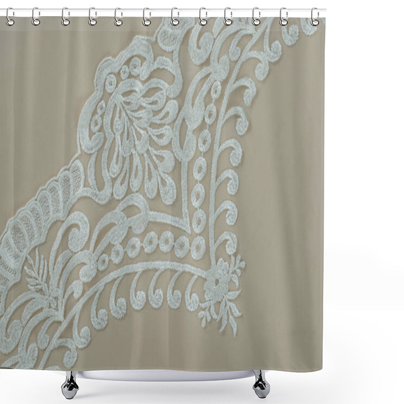 Personality  Texture Lace Fabric. Lace On White Background Studio. Thin Fabric Made Of Yarn Or Thread. A Background Image Of Ivory-colored Lace Cloth. White Lace On Beige Background. Shower Curtains