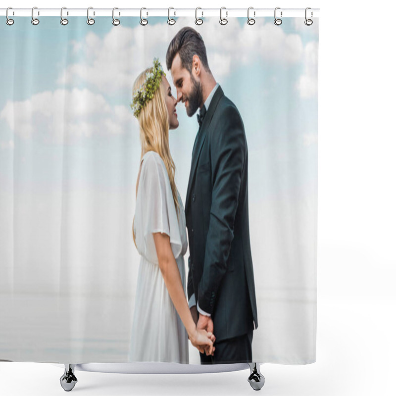 Personality  Wedding Couple In Suit And White Dress Holding Hands And Touching With Noses On Beach Shower Curtains