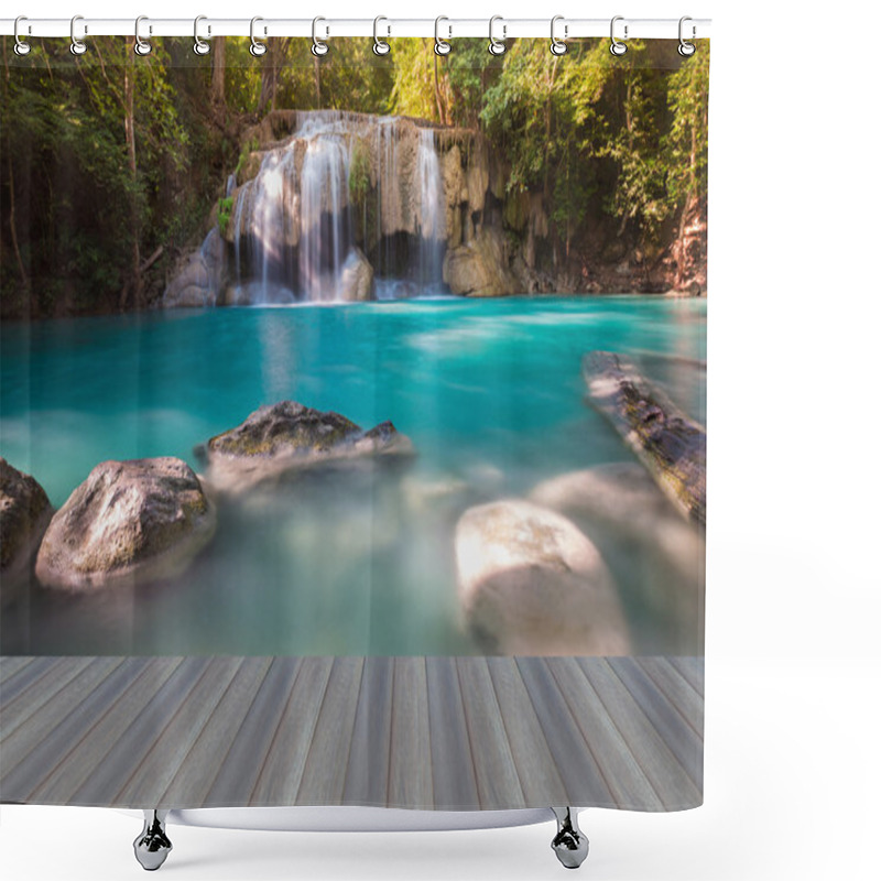 Personality  Opening Wooden Floor, Deep Forest Waterfall In National Park Shower Curtains