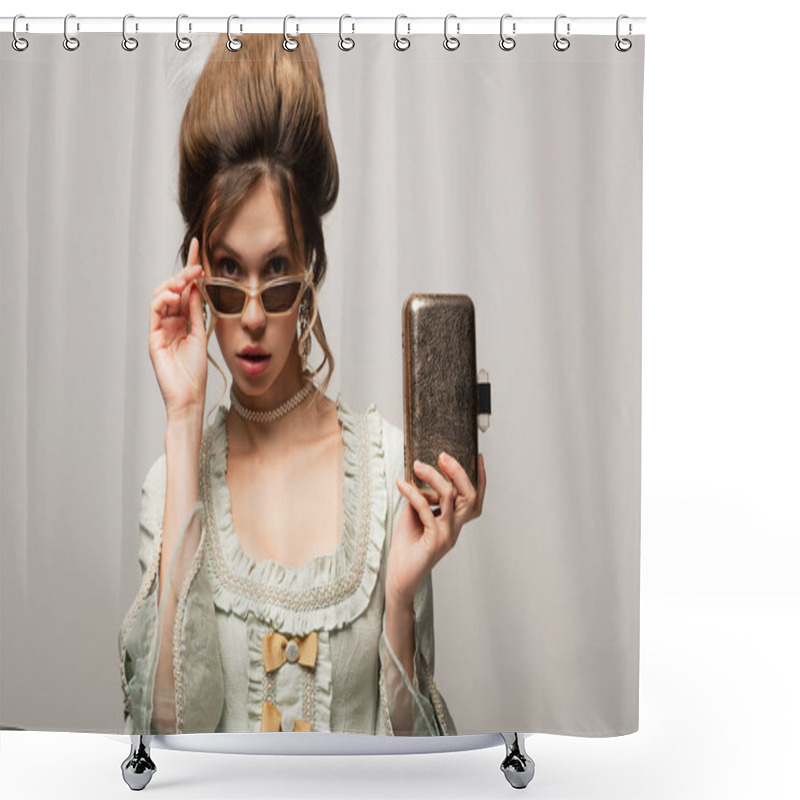 Personality  Pretty Woman In Retro Dress And Modern Sunglasses Holding Golden Purse Bag Isolated On Grey Shower Curtains