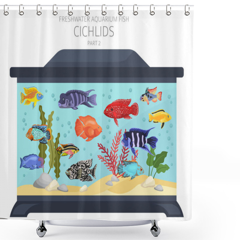 Personality  Cichlids Fish. Freshwater Aquarium Fish Icon Set Flat Style Isolated On White.  Vector Illustration Shower Curtains