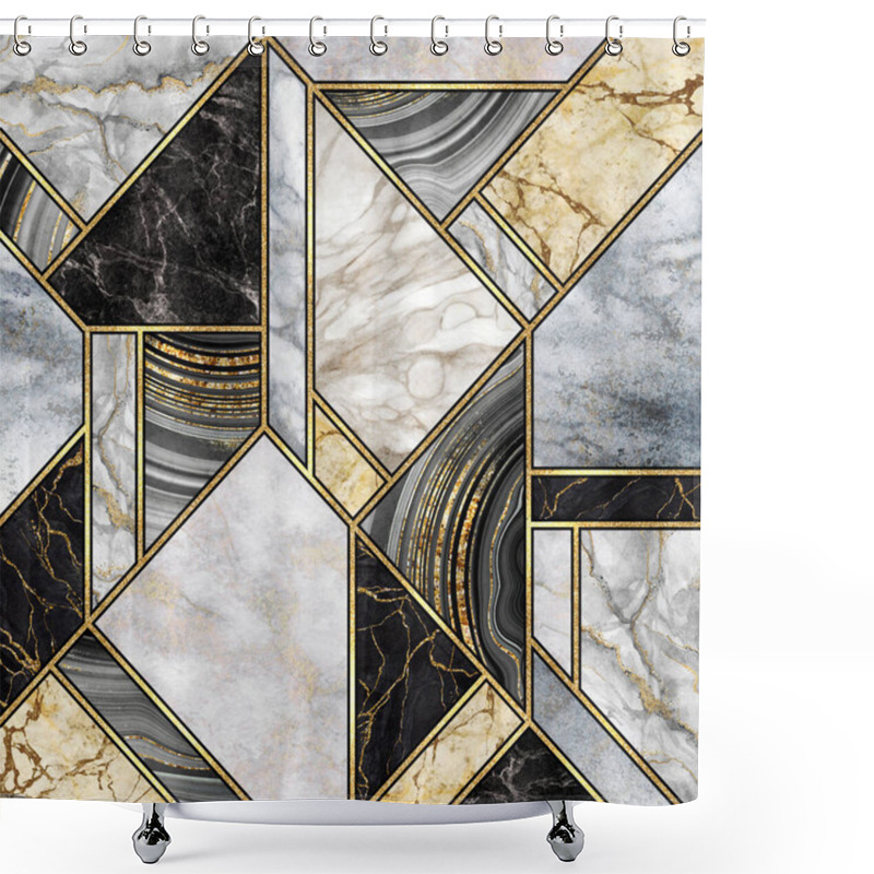 Personality  Abstract Background, Modern Marble Mosaic, Art Deco Wallpaper, Artificial Stone Texture, Black White Gold Marbled Tile, Geometrical Fashion Marbling Illustration Shower Curtains