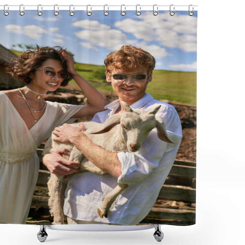 Personality  Rustic Wedding In Boho Style, Happy Man Holding Baby Goat Near Young Asian Woman  In Wedding Dress Shower Curtains