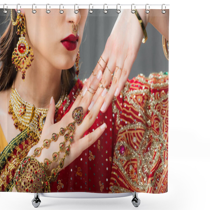 Personality  Cropped View Of Attractive Indian Woman Gesturing In Traditional Accessories, Isolated On Grey  Shower Curtains