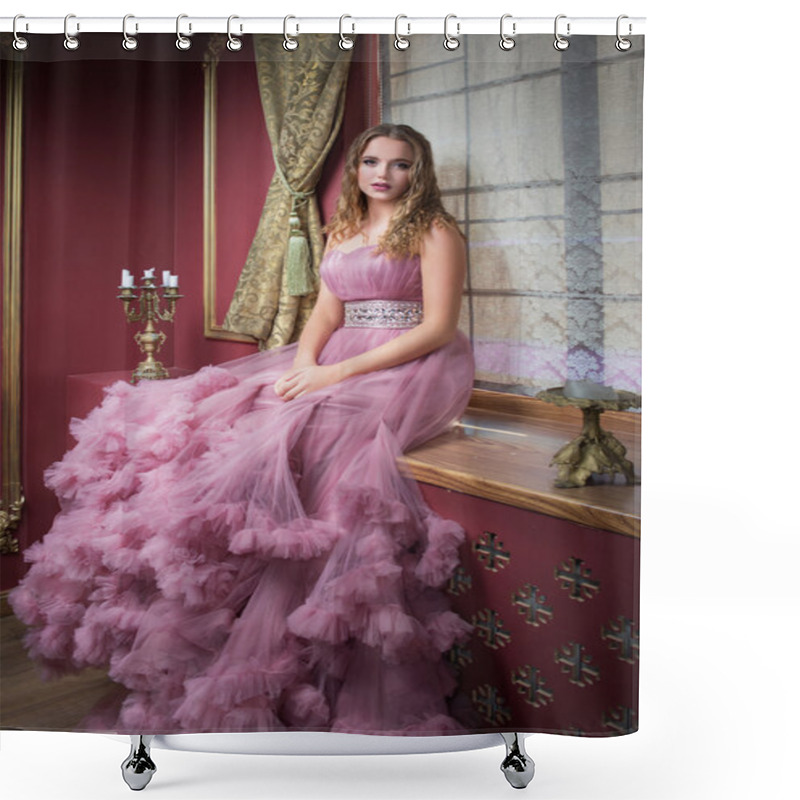 Personality  Portrait Of Young Beautiful Girl In Long Pink Dress Shower Curtains