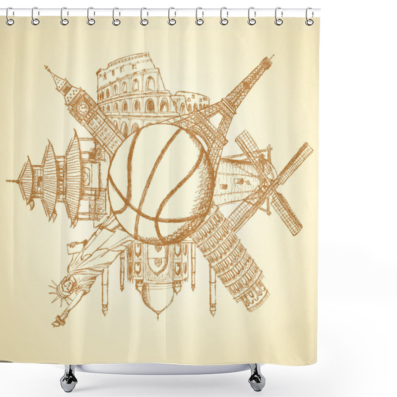 Personality  Famous Architecture Buildings Around Basketball Ball Shower Curtains