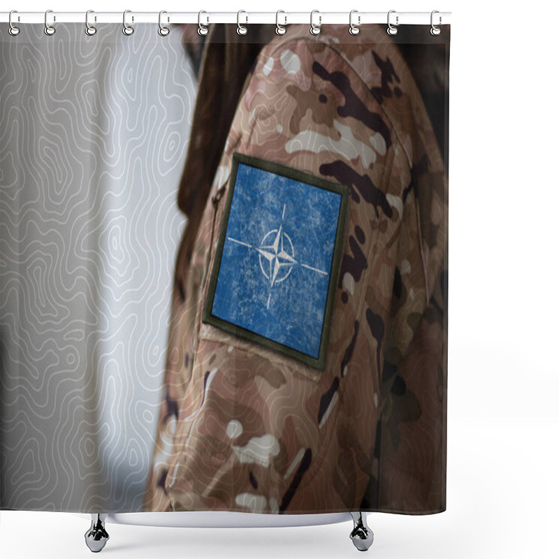 Personality  NATO Soldier. Soldier With Flag NATO, NATO Flag On A Military Uniform. Camouflage Clothing Shower Curtains