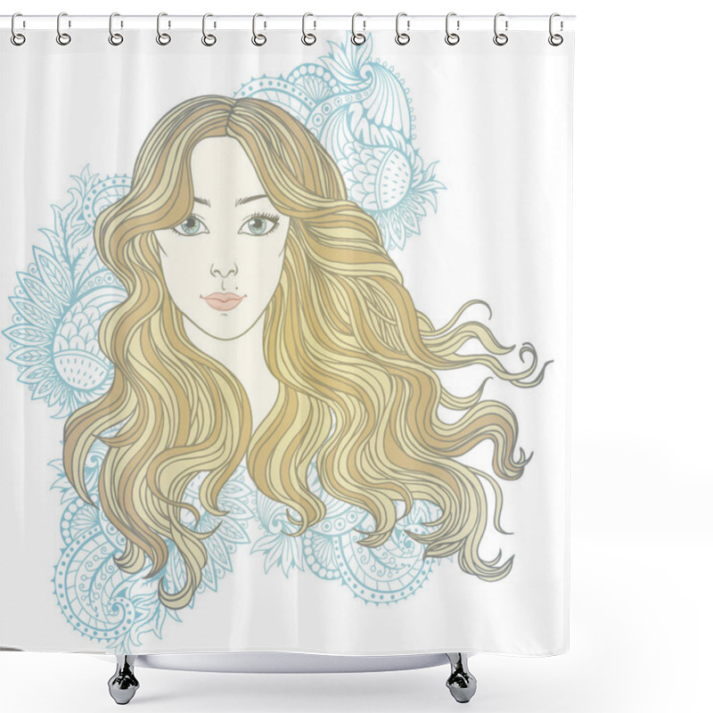 Personality   Girl With Streaming Long Hair On  Floral Background, Vector Ill Shower Curtains