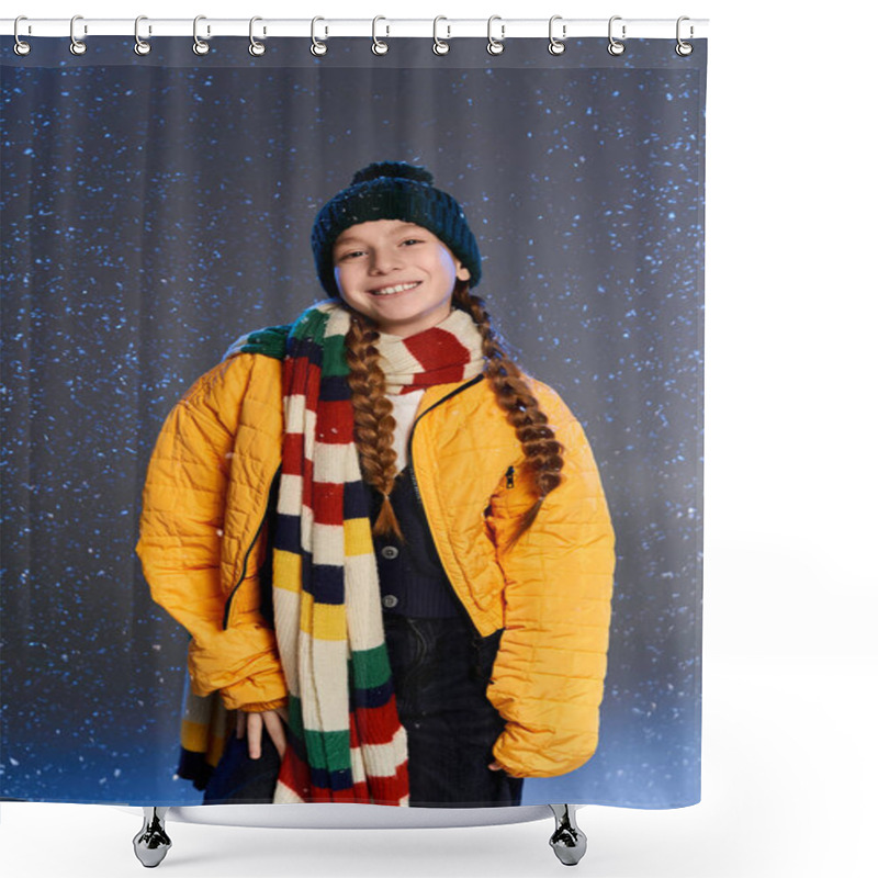 Personality  A Young Girl Dressed Warmly In Bright Winter Clothing Stands Happily In The Snow. Shower Curtains