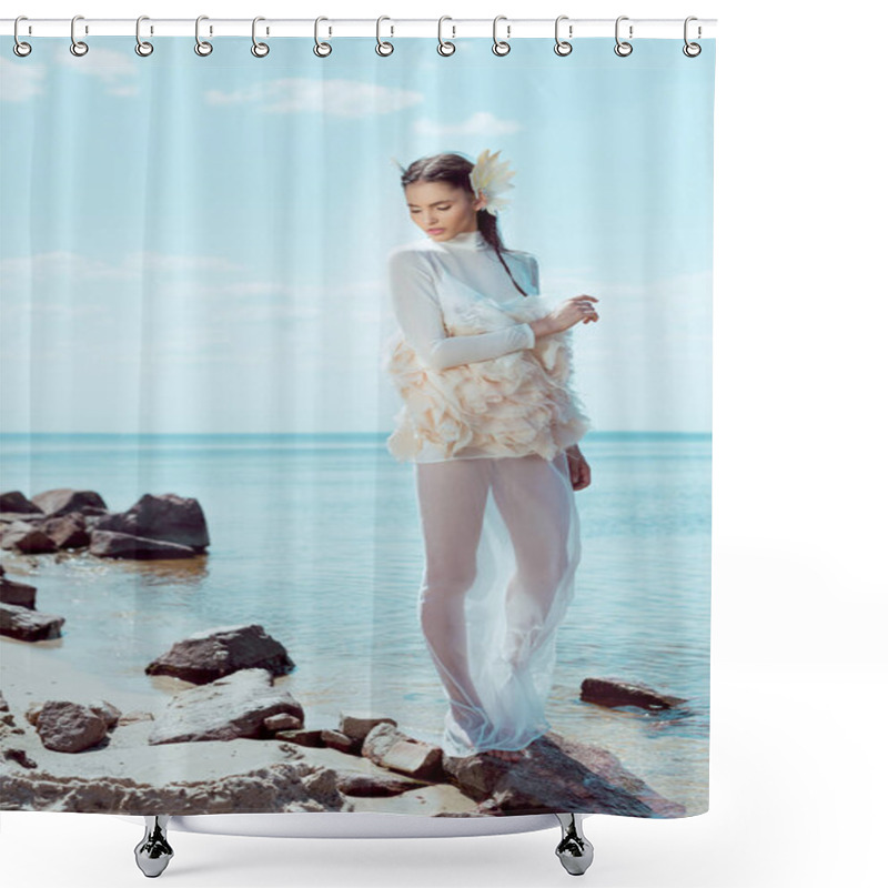 Personality  Tender Woman In White Swan Costume Looking Away, Standing On Beach Near Water Shower Curtains