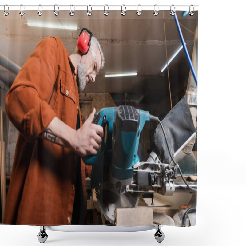 Personality  Low Angle View Of Carpenter Cutting Timber With Miter Saw Shower Curtains