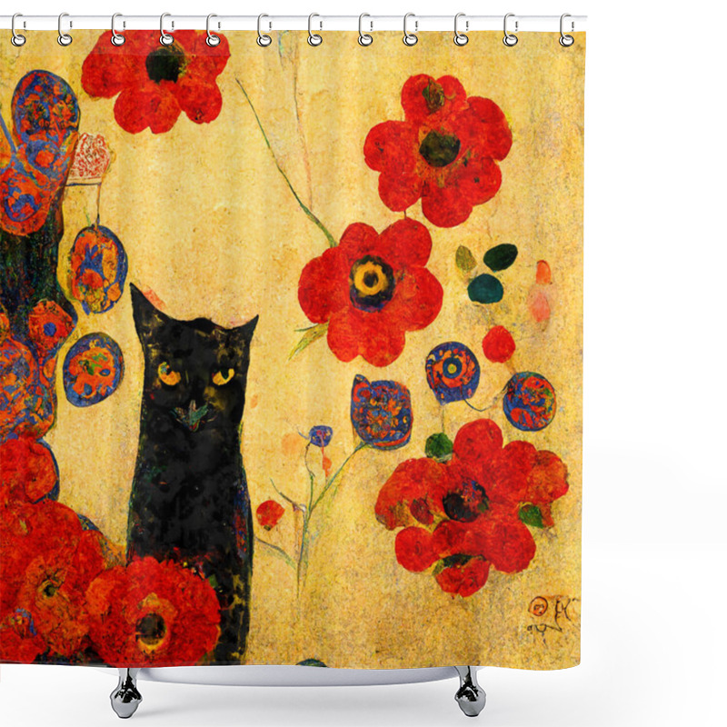 Personality  Portrait Of A Cat With Poppies Around. Painted In Art Nouveau Design Shower Curtains