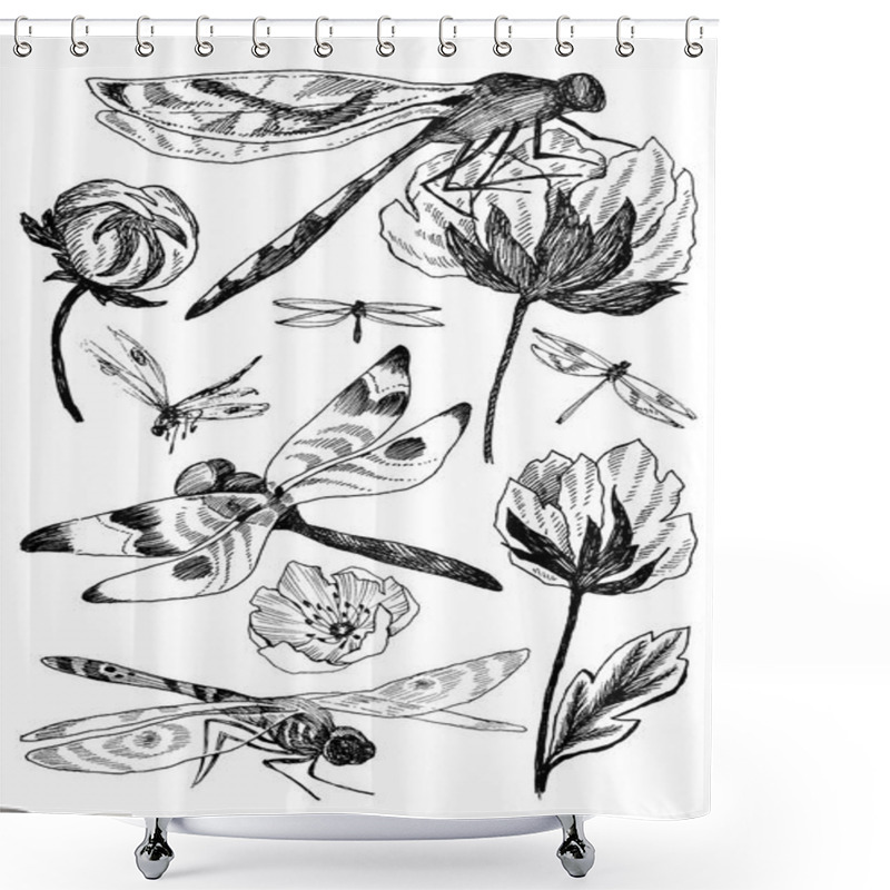 Personality  Set Of Vector Floral Elements With Black And White Hand Drawn Herbs, Wildflowers And Dragonfly In Sketch Style. Shower Curtains